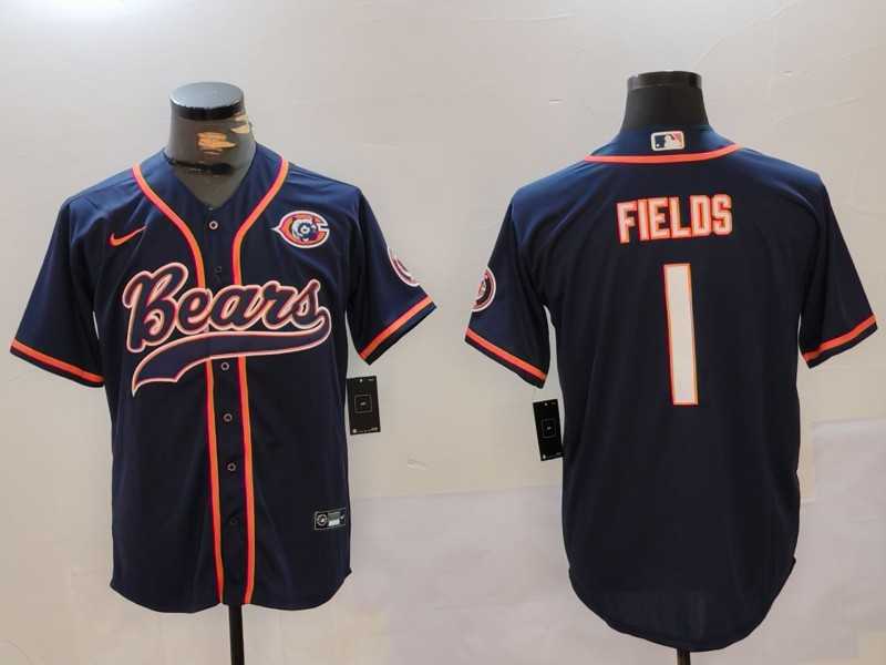 Mens Chicago Bears #1 Justin Fields Navy Throwback With Patch Cool Base Stitched Baseball Jersey